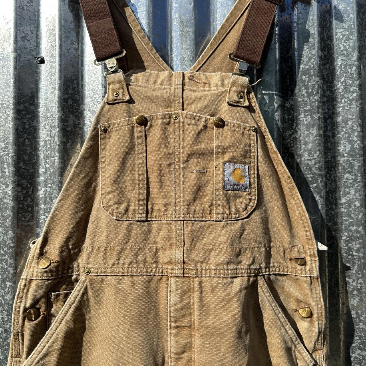 tan brown carharrt work overalls. super sick pair... - Depop