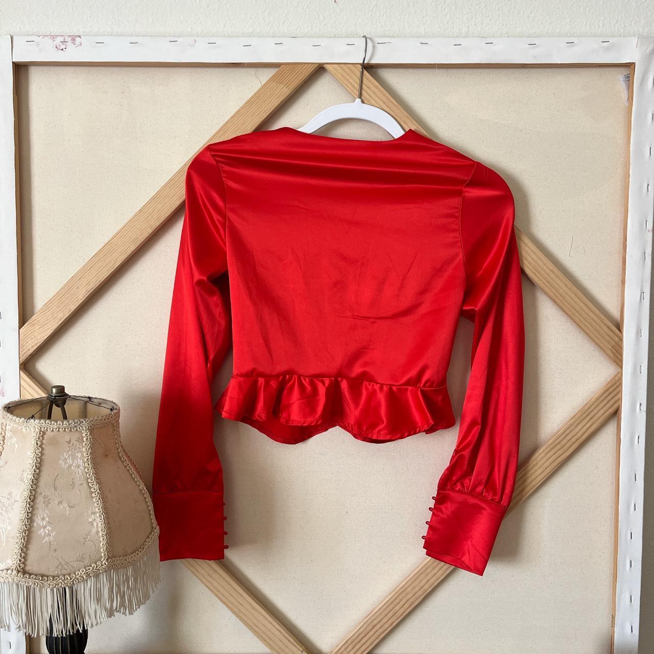 Cropped red blouse with corset style hook closures... - Depop