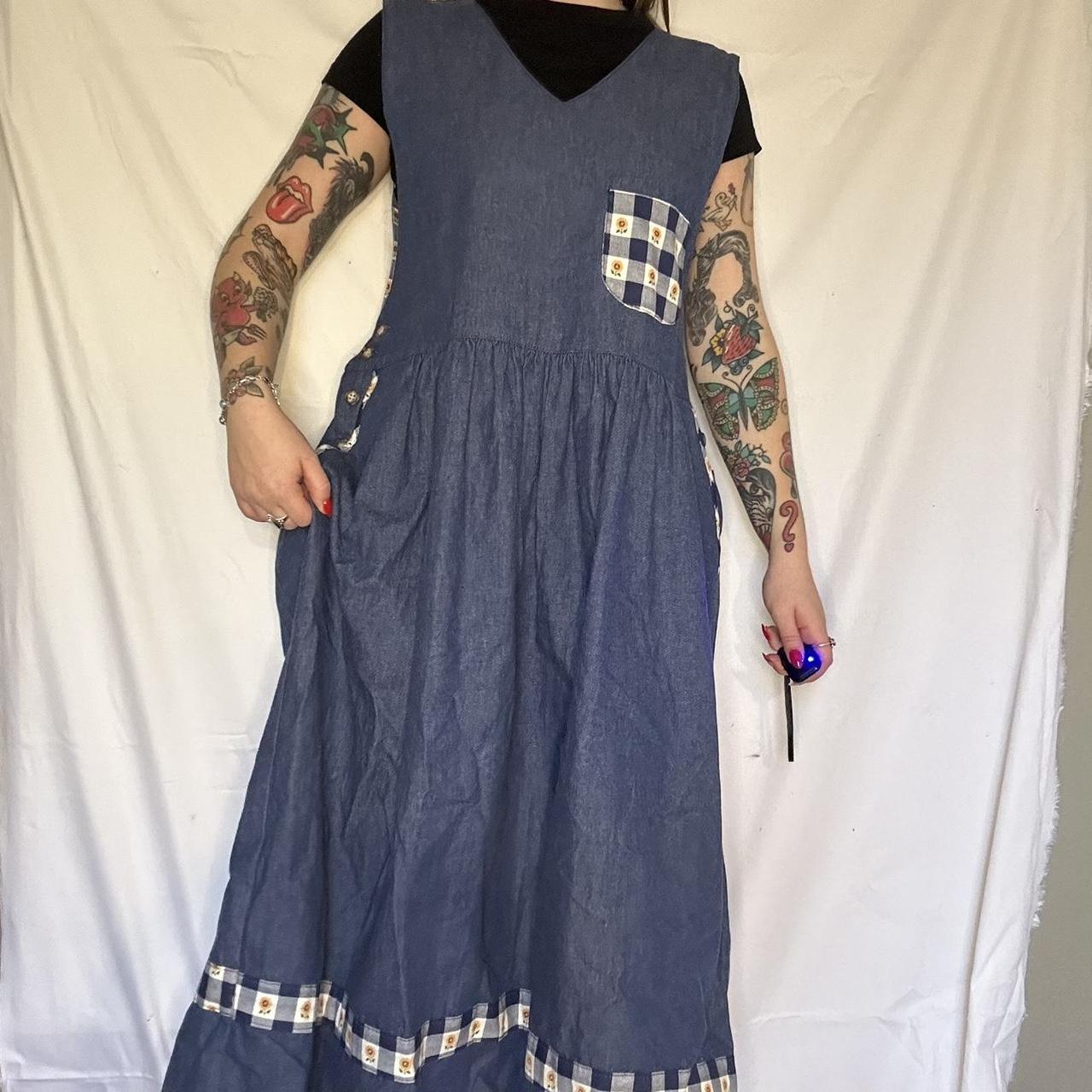 Denim/sunflower pinafore house dress.... Depop