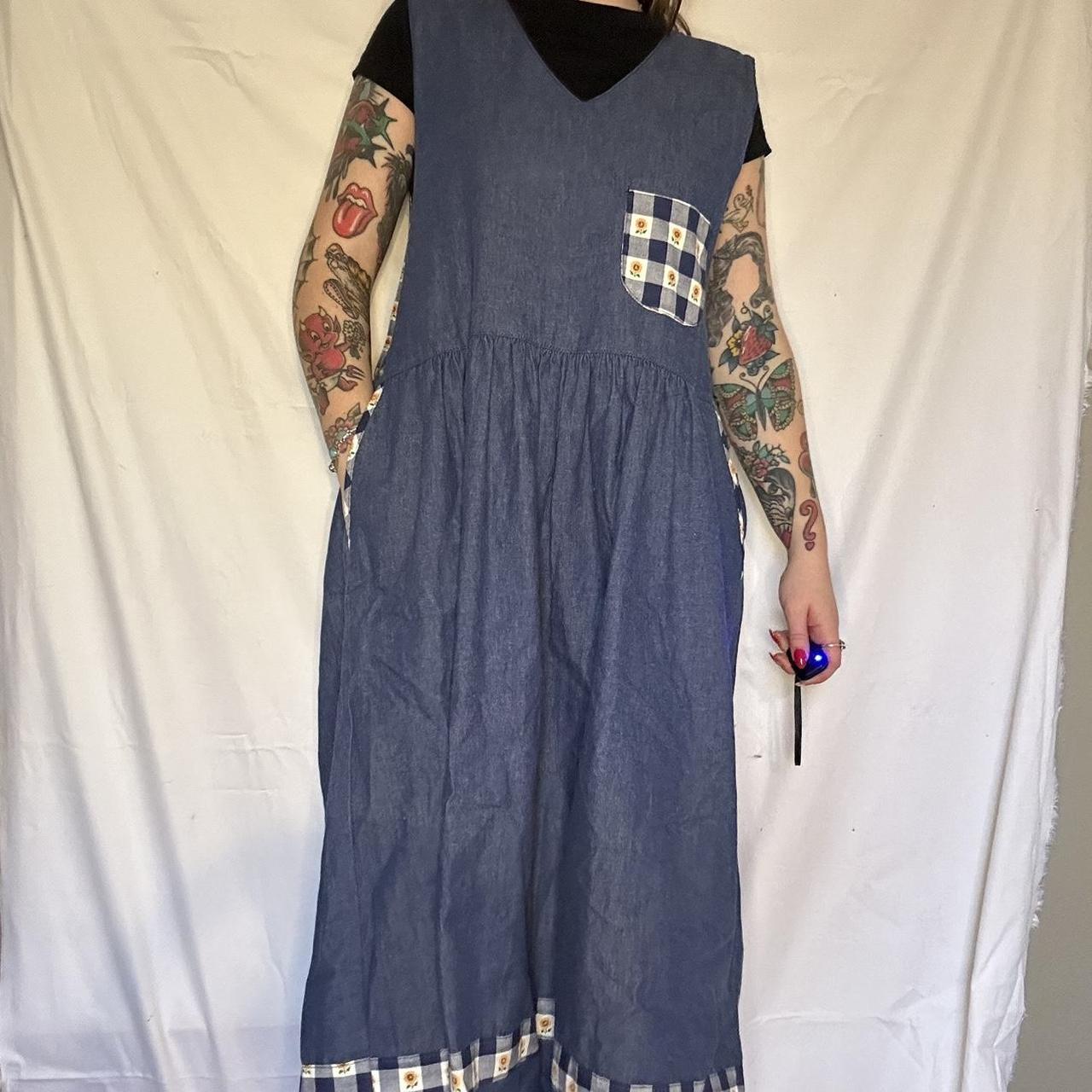Denim/sunflower pinafore house dress.... Depop