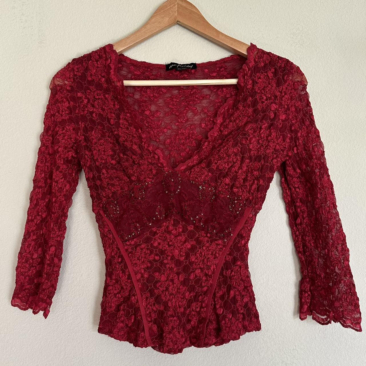 vintage 90s red lace top labeled one size, would... - Depop