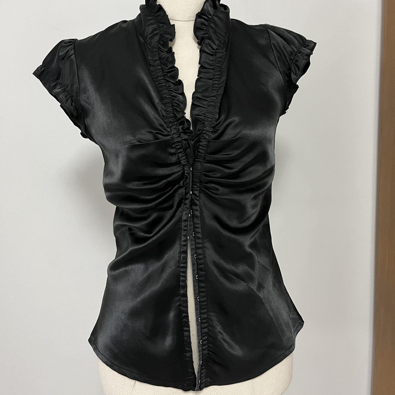 Review black satin blouse hook and bars feature down... - Depop