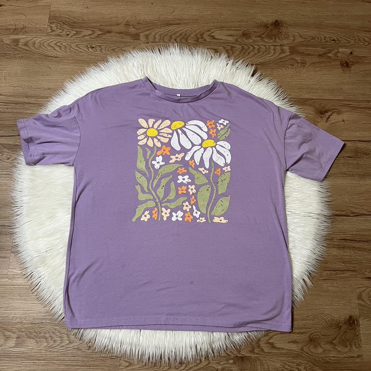 Purple floral oversize T-shirt, size medium, good... - Depop