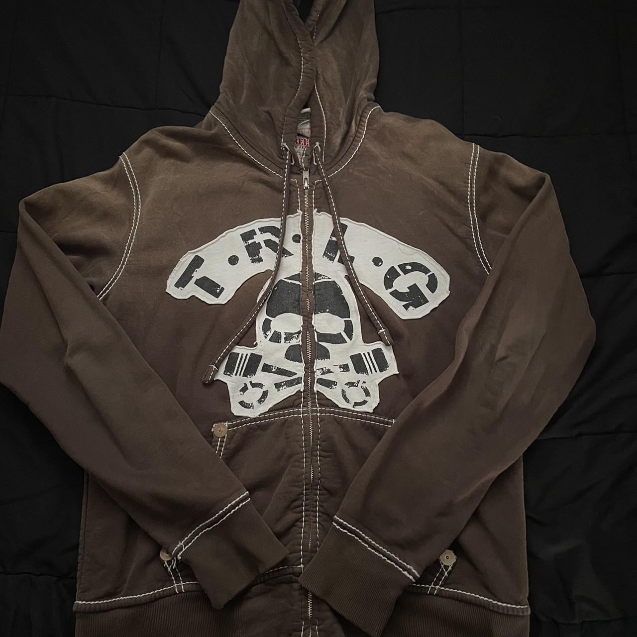 True Religion Skull Zip Up Brown Sunfaded Fits like | Depop