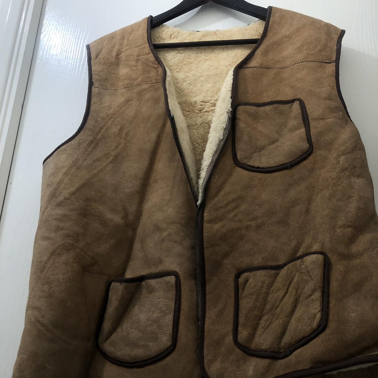 Vintage fleece lined leather gilet vest. Stain on... - Depop