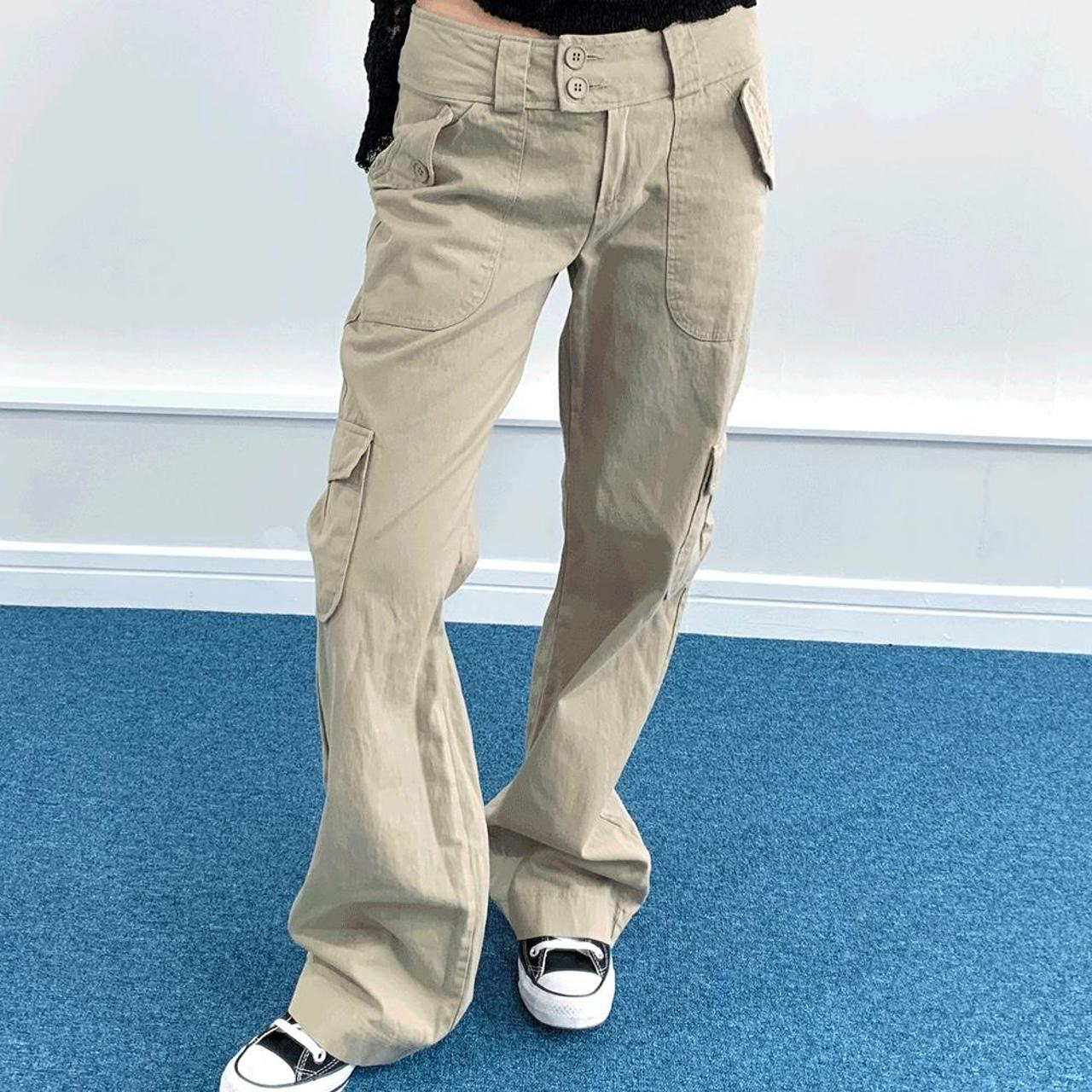 Women's Khaki and Cream Trousers Depop