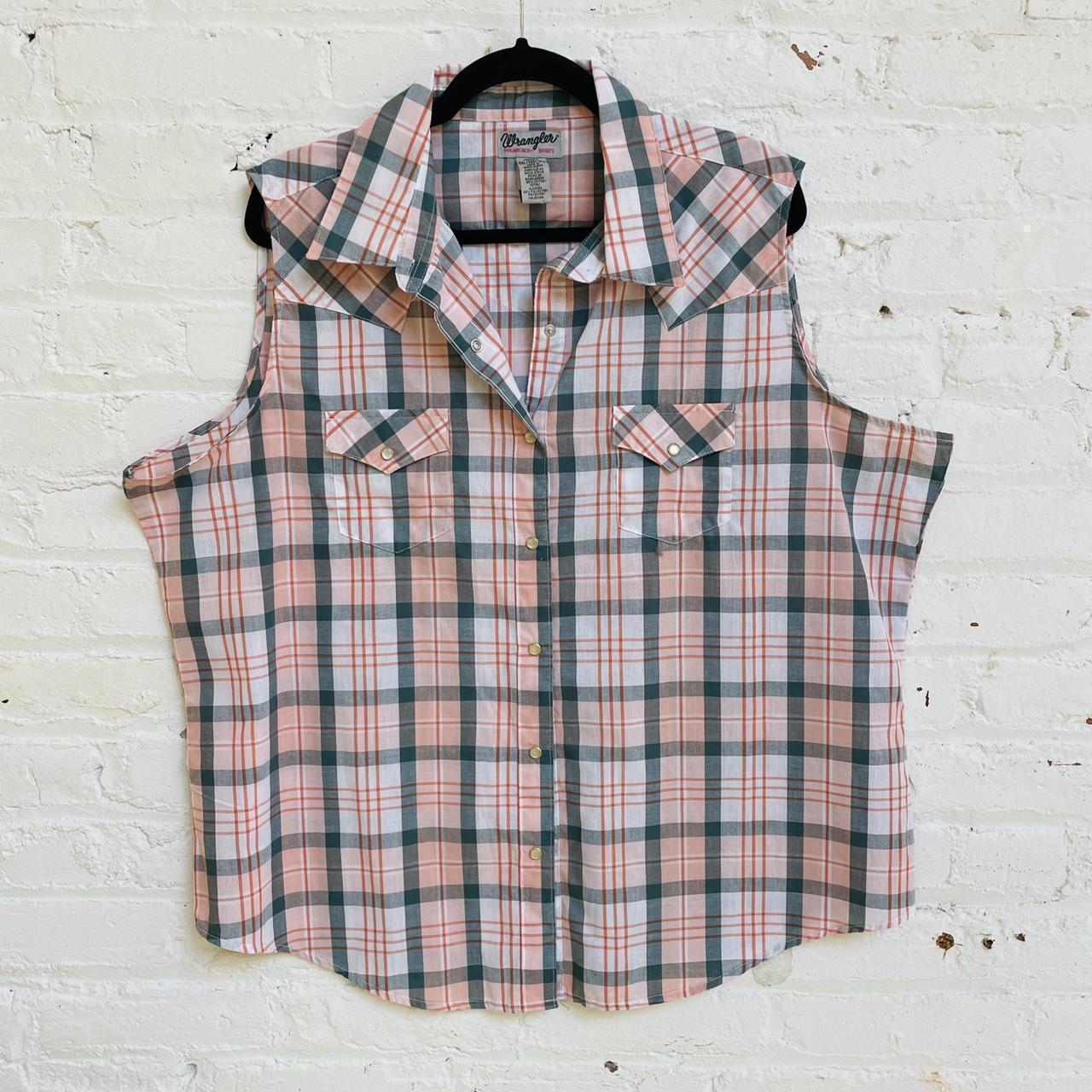 Wrangler Pearl Snap Shirt Pink and grey plaid snap Depop