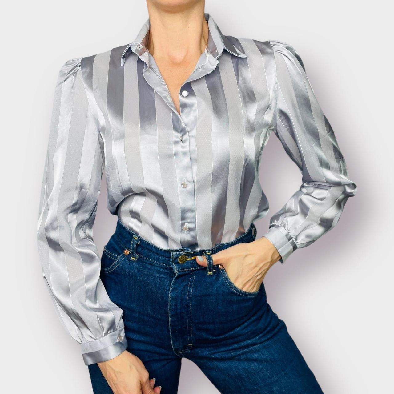 Vintage Silver Blouse 1980s silver striped button... - Depop