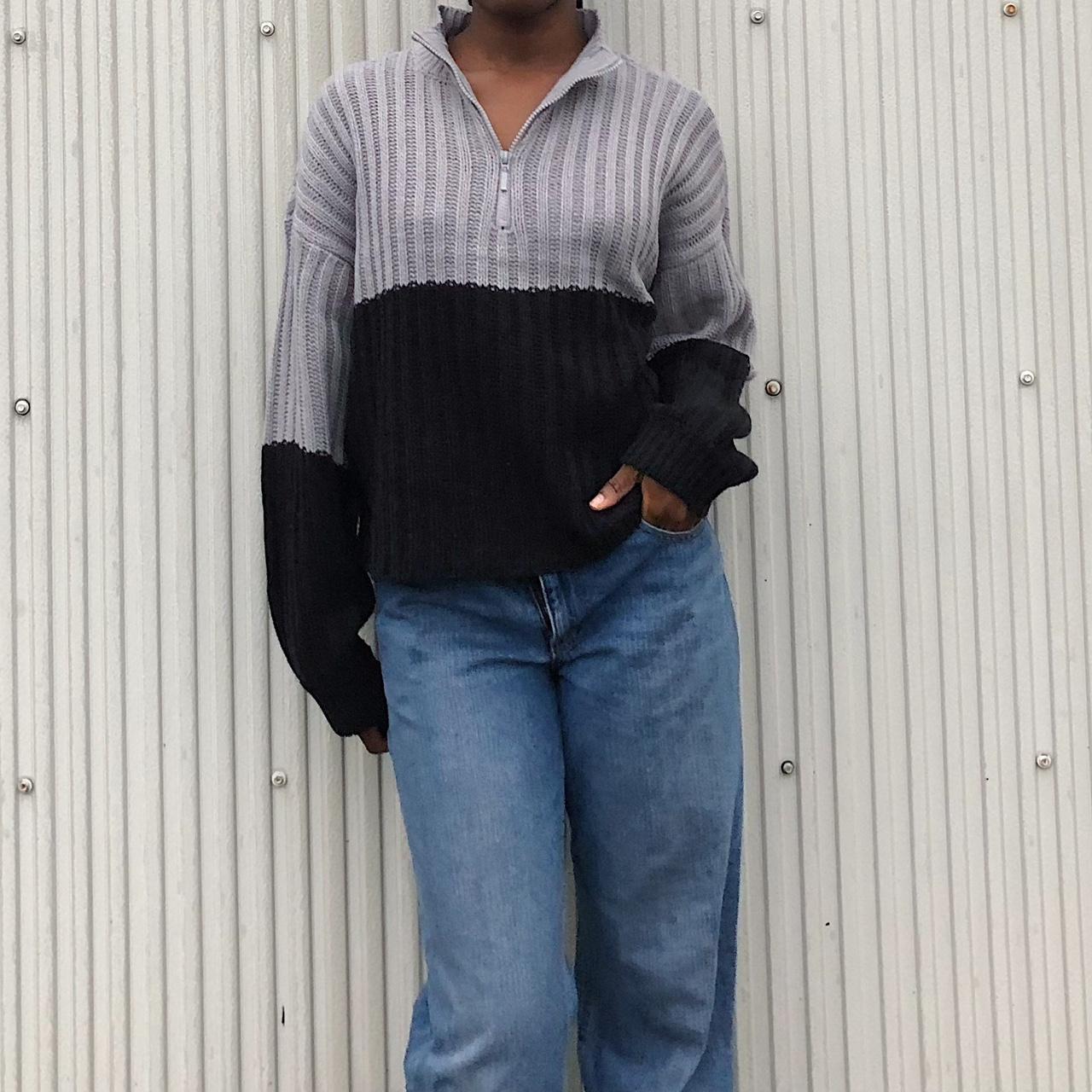 vintage gray and black quarter zip sweater cute... - Depop