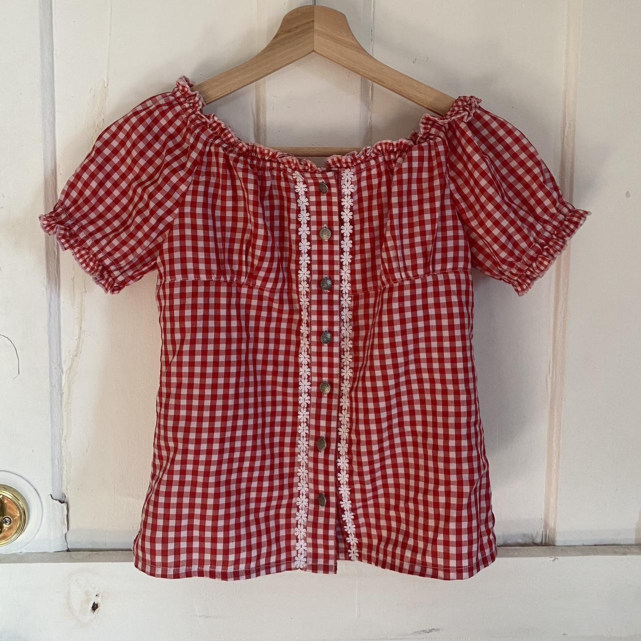 Genuine German red gingham trachten milkmaid blouse... - Depop