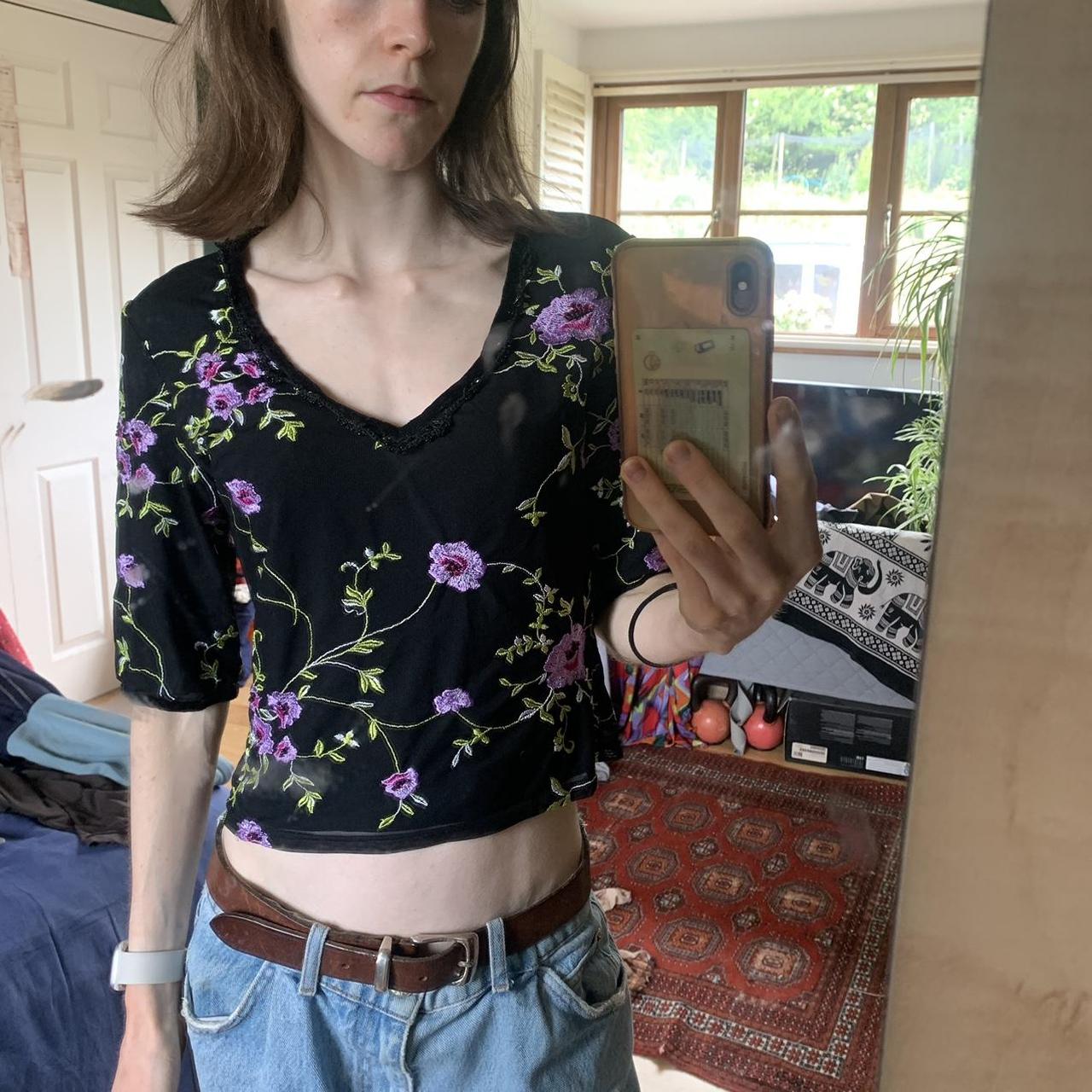 karen millen mesh overlay black pink floral pattern… - Depop