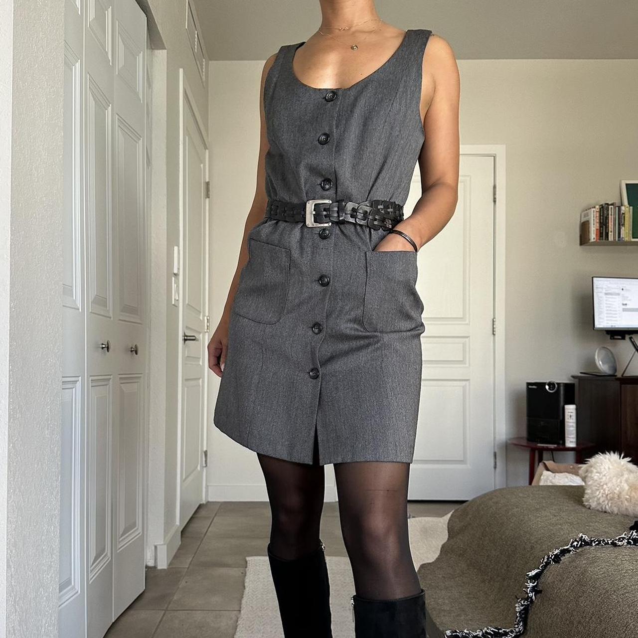 Office siren vibes Grey button down vest dress by