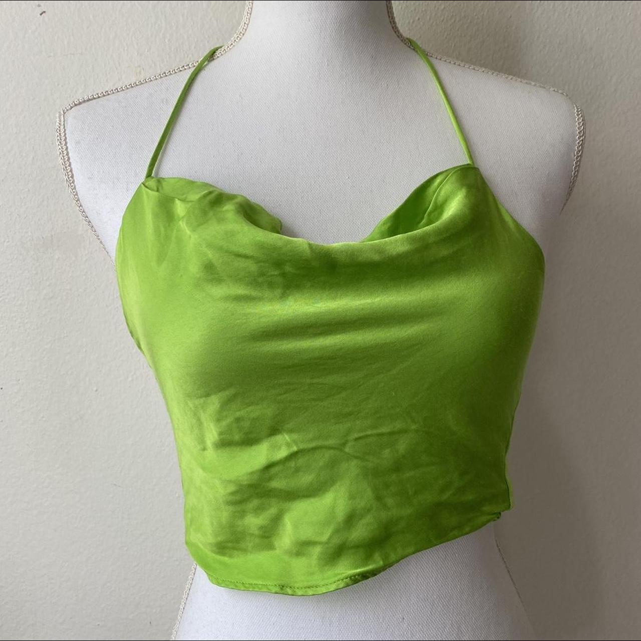 Zara Lime Green Halter Cowl Neck Satin Crop Top With Depop