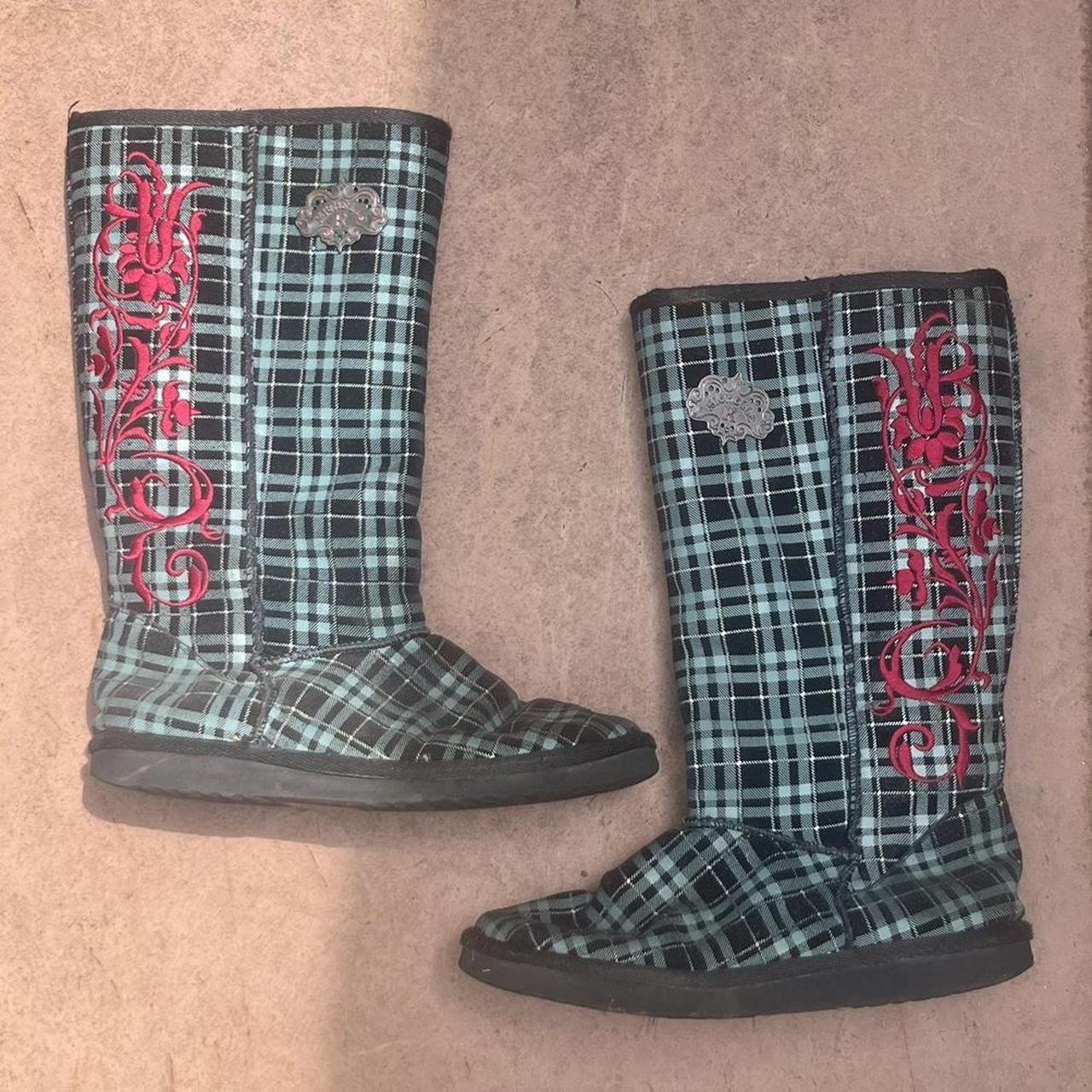 Great plaid boots Embroidered rose design on... - Depop