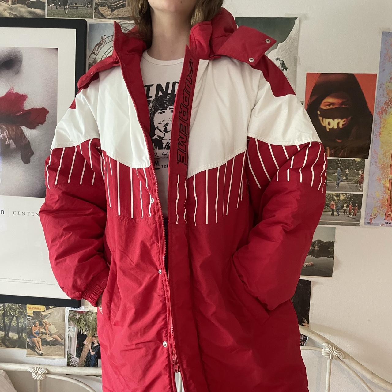 Red supreme jacket. White and red coat. Hype beast.