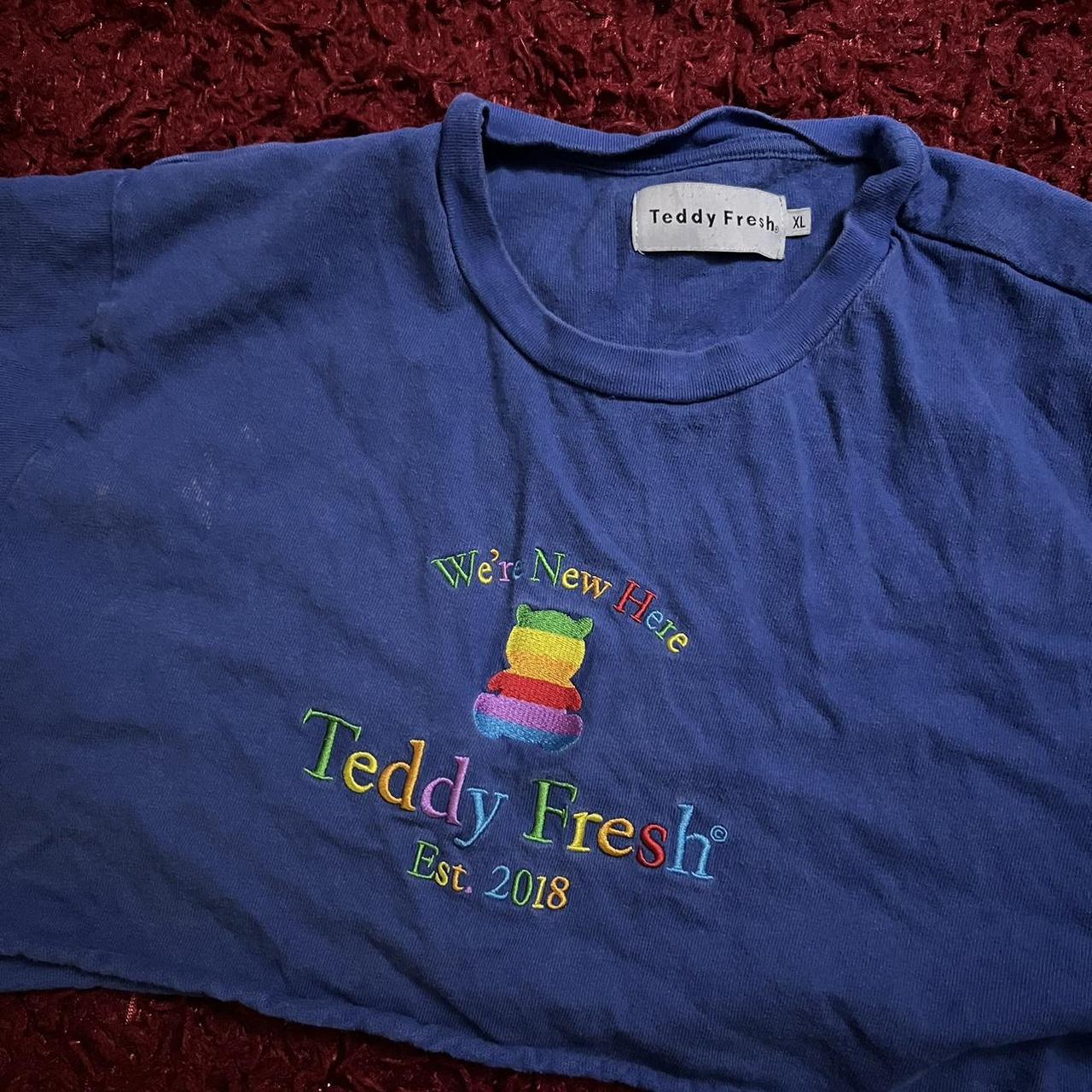 OG blue cropped teddy fresh tee. Self cut, uneven,... Depop