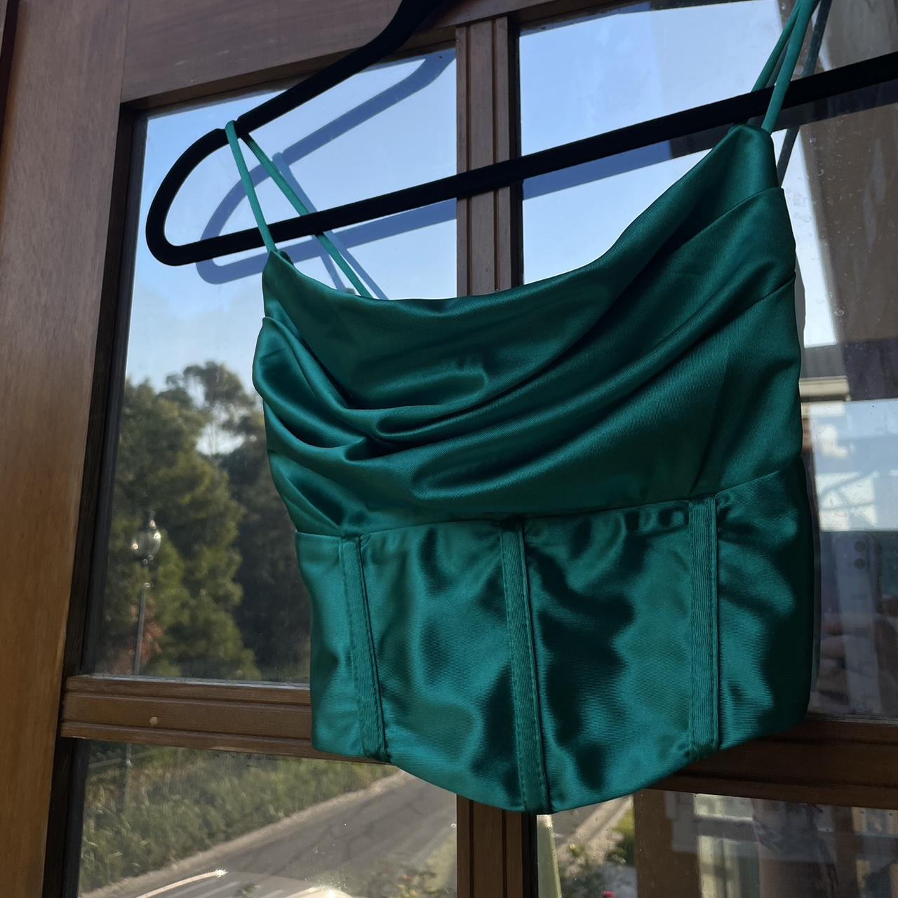 green corset tie up back cowl front top satin... - Depop