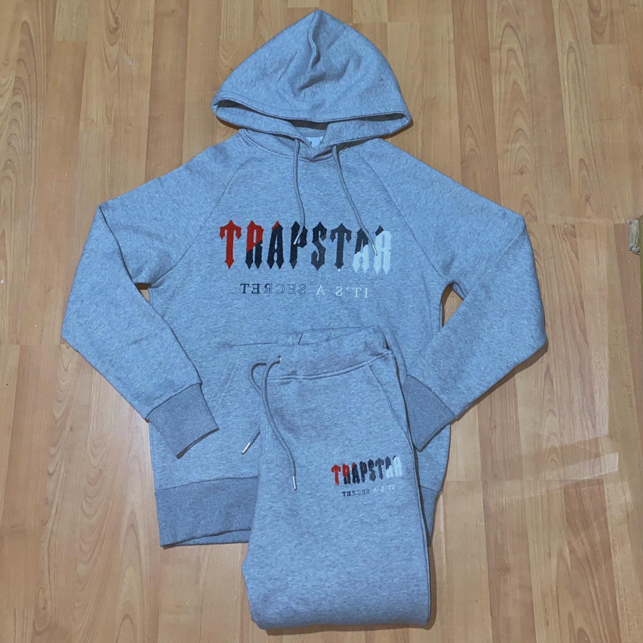 Trapstar Chenille Decoded Hoodie Tracksuit Grey/Red... Depop