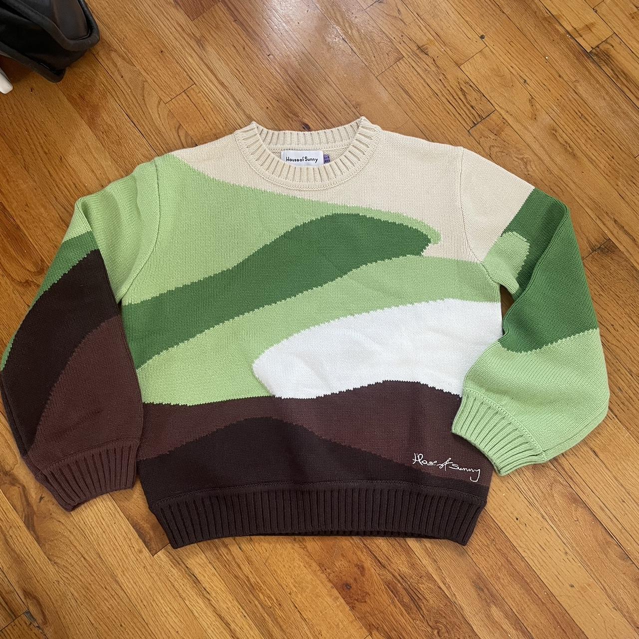 House of Sunny Women's Green and Cream Jumper Depop