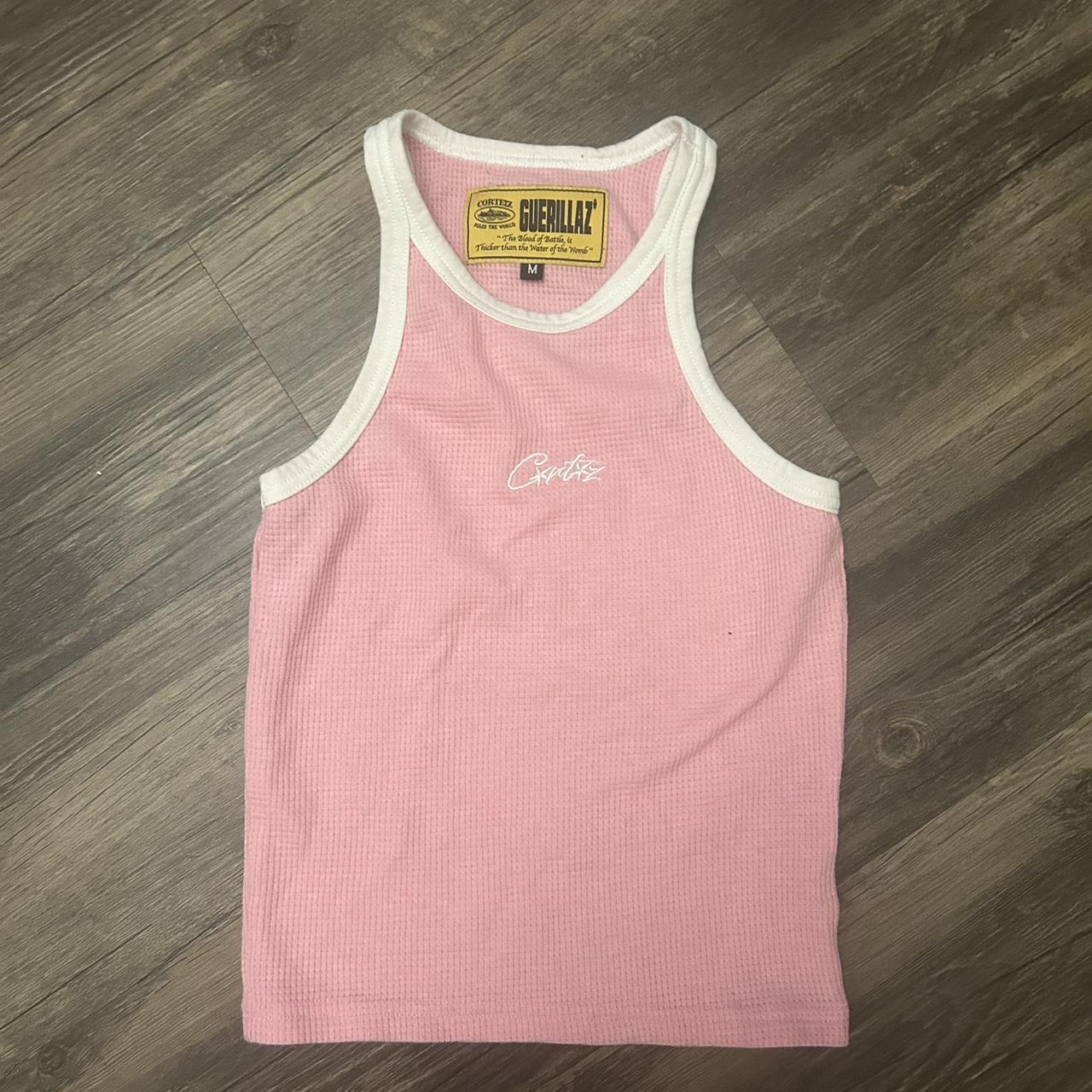 corteiz pink tank top white detailing size medium | Depop