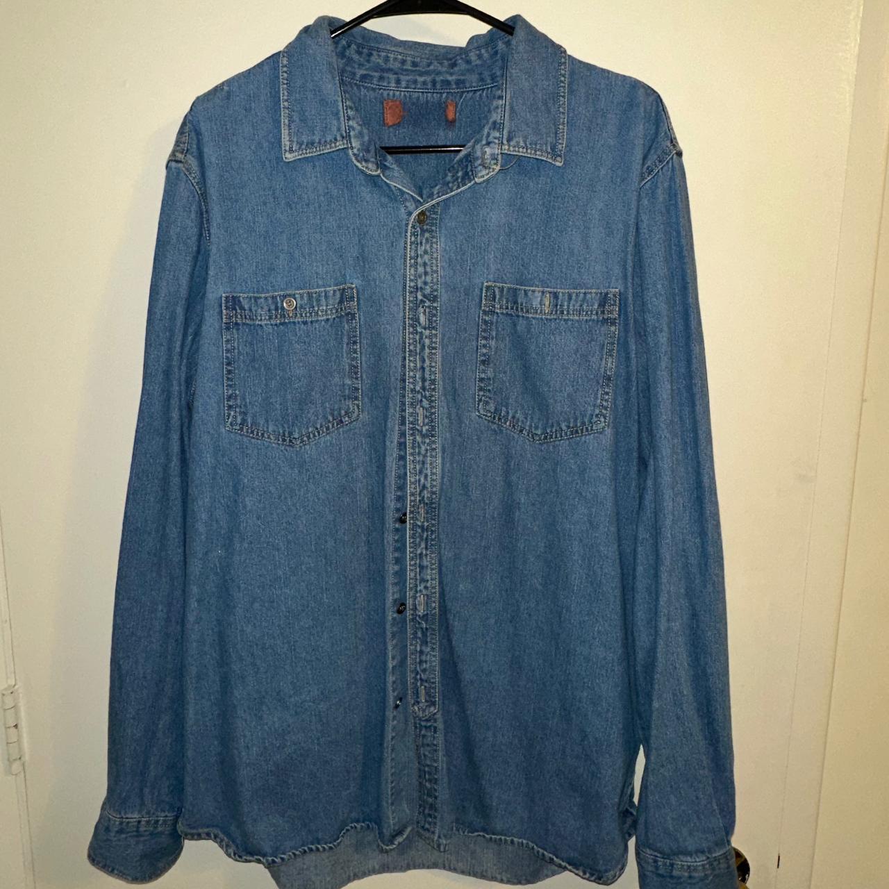 - blue denim shirt jacket - button up - has a longer... - Depop