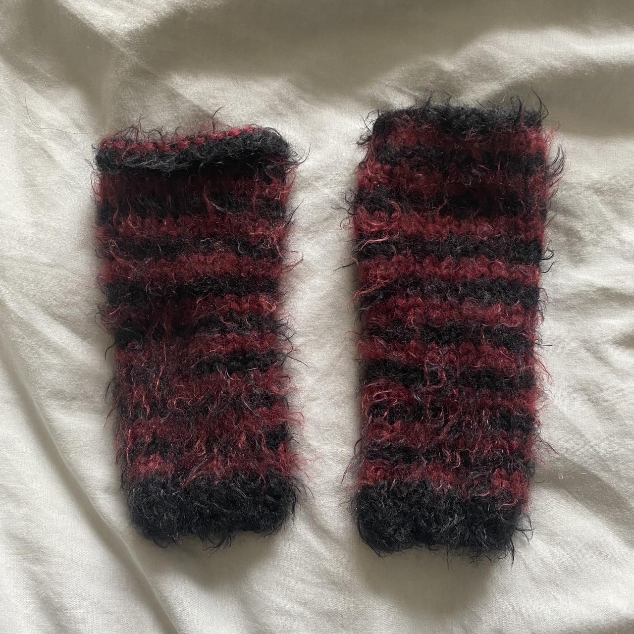 handmade knit fingerless gloves ~ red and black… - Depop