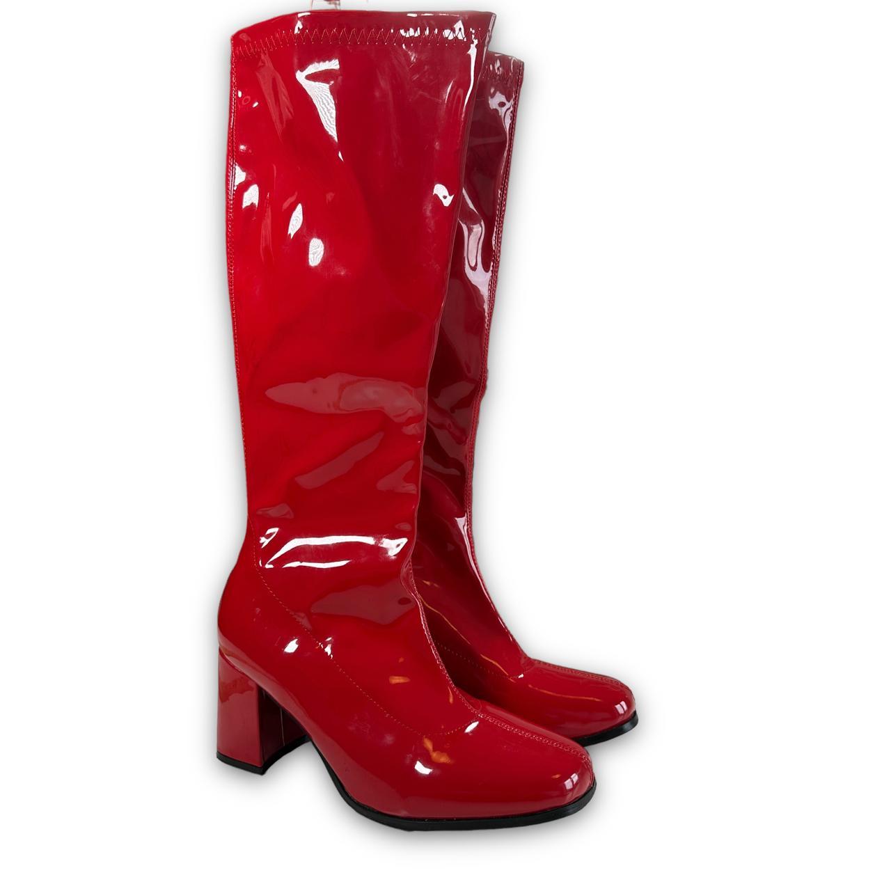 insane red faux leather knee high boots. go go boots... - Depop