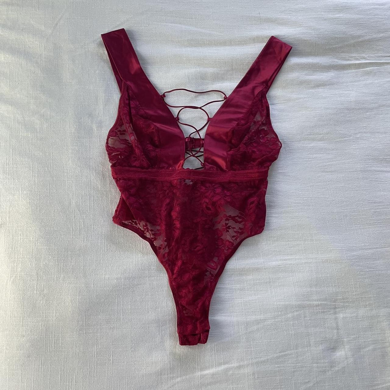 Fredericks of Hollywood burgundy red lace bodysuit... - Depop