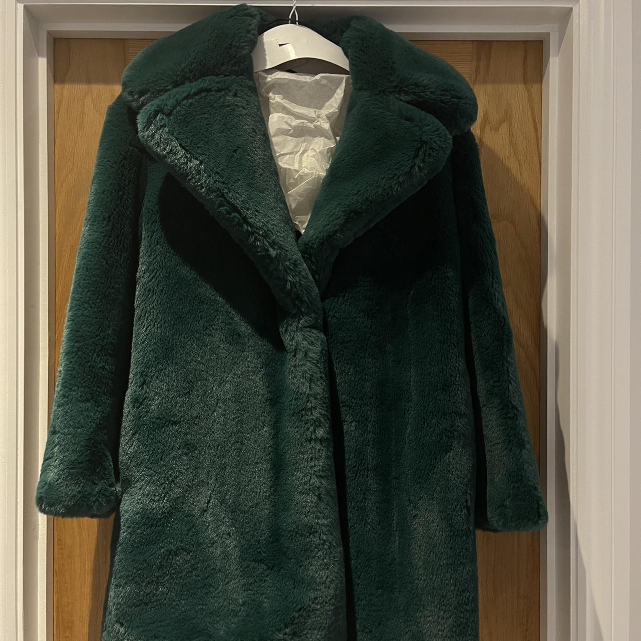 Mango Faux Fur Coat in Emerald Green Depop