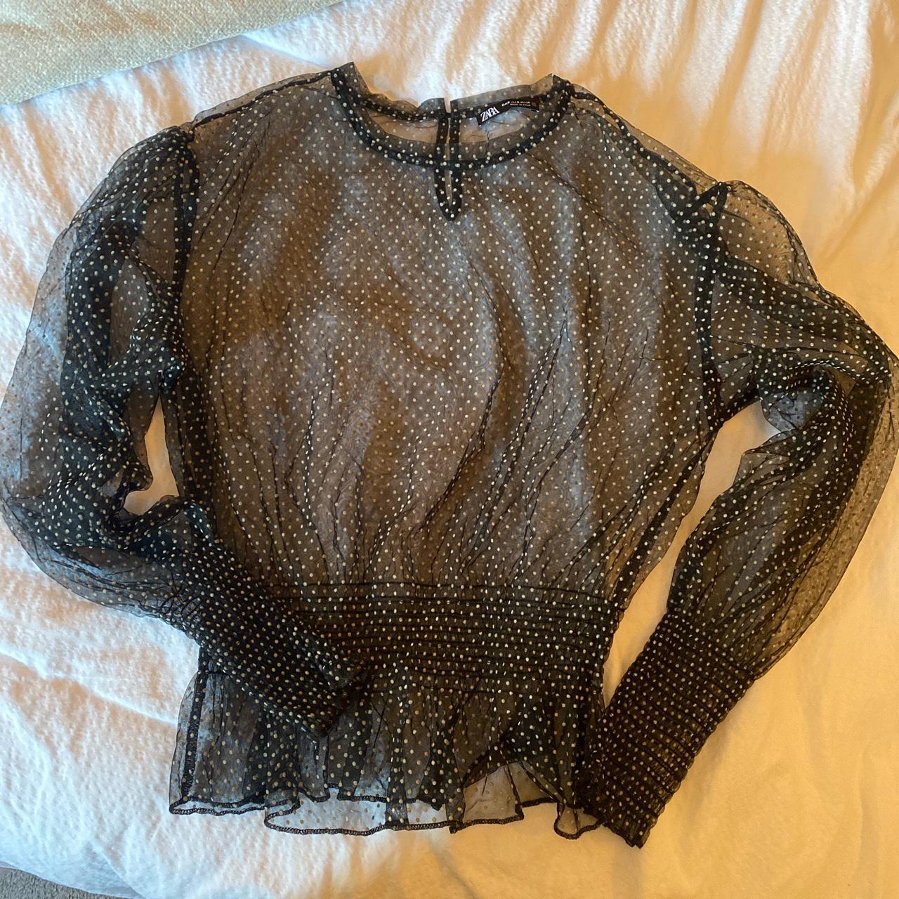 Zara black polka dot sheer mesh blouse. Would fit - Depop