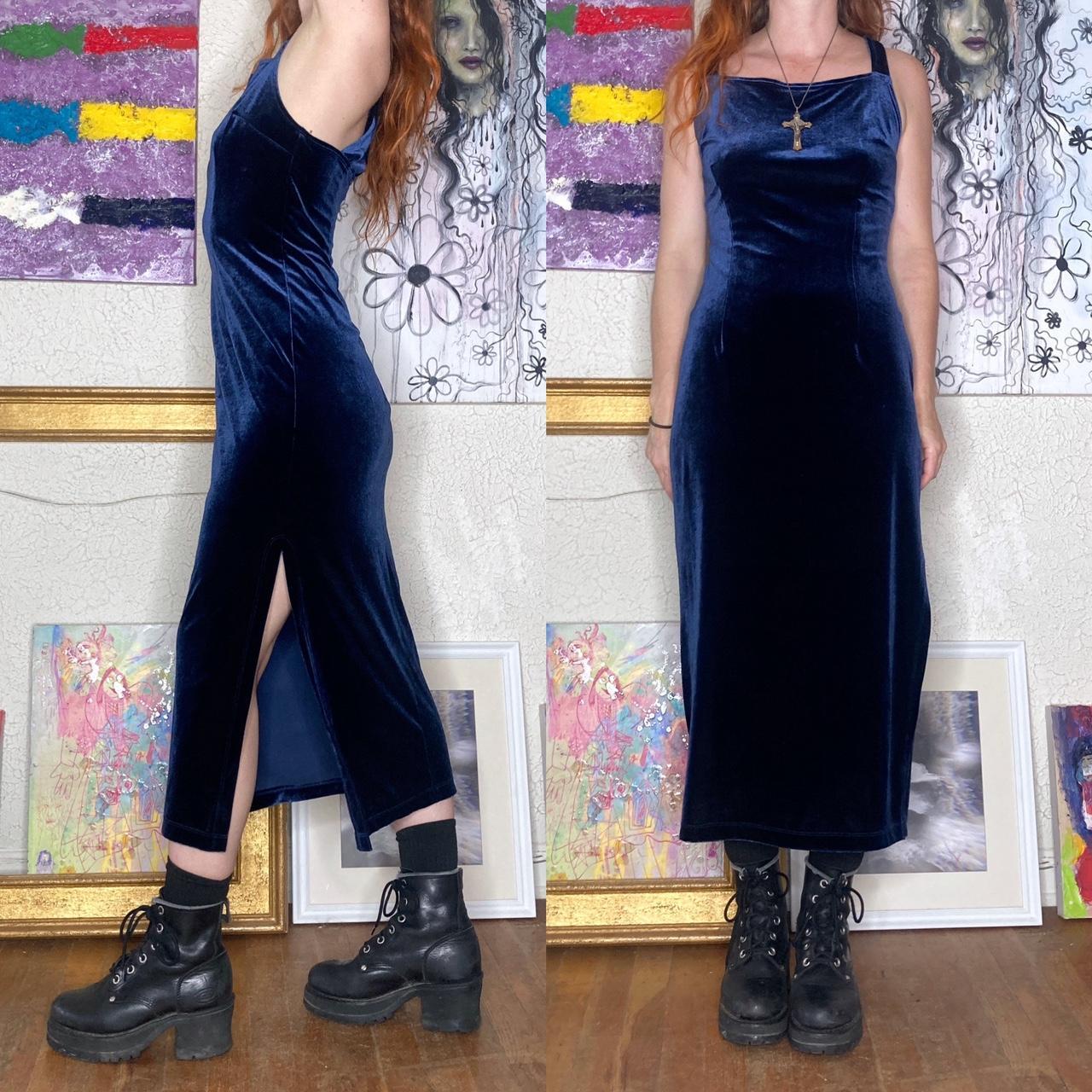 Vintage 80s/90s Velvet Dress, Navy Blue, Rhinestones - Depop