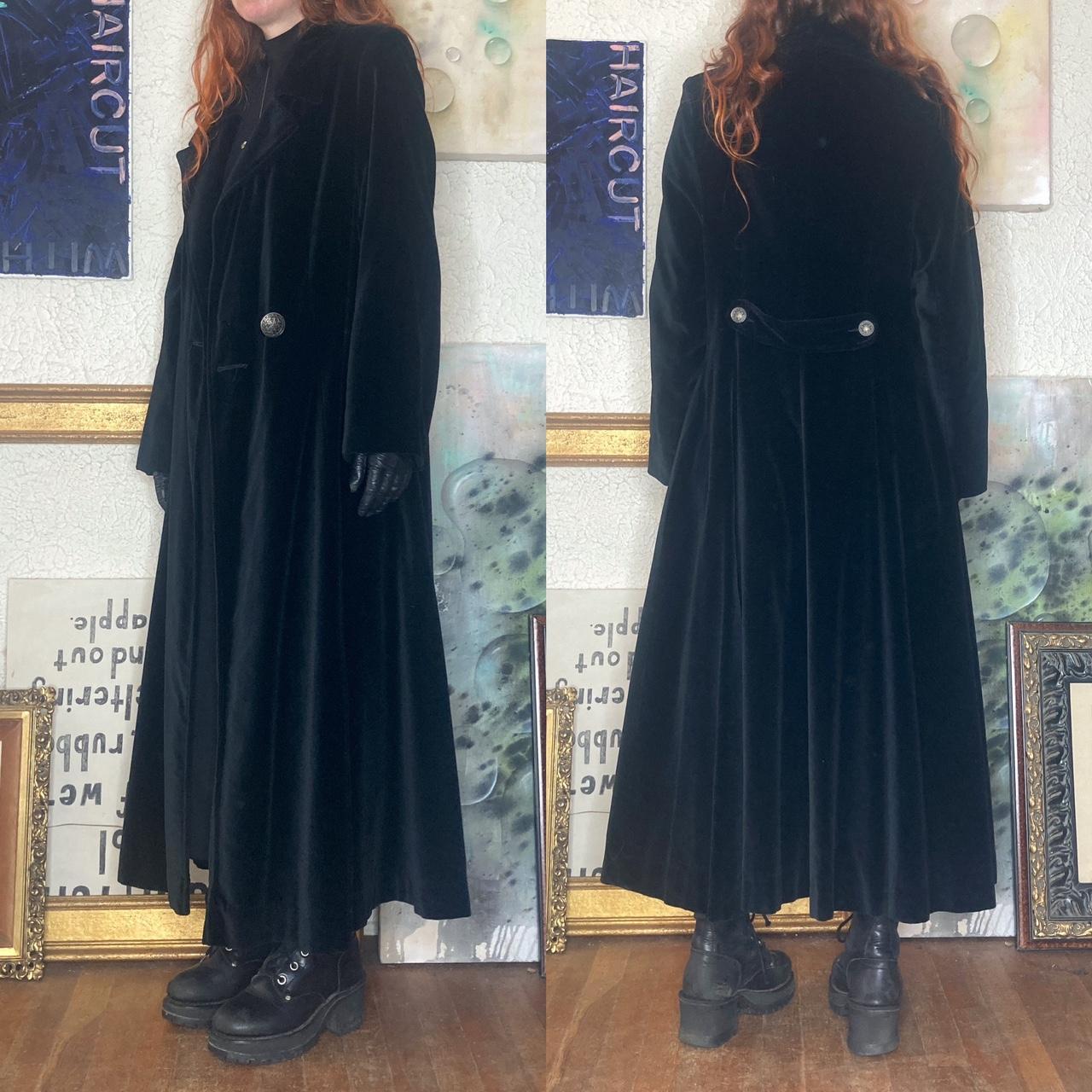 vintage long black velvet coat with an old fashioned... Depop