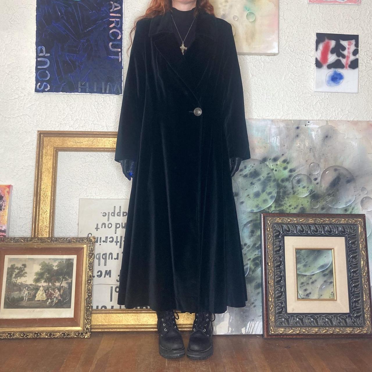 vintage long black velvet coat with an old fashioned... Depop