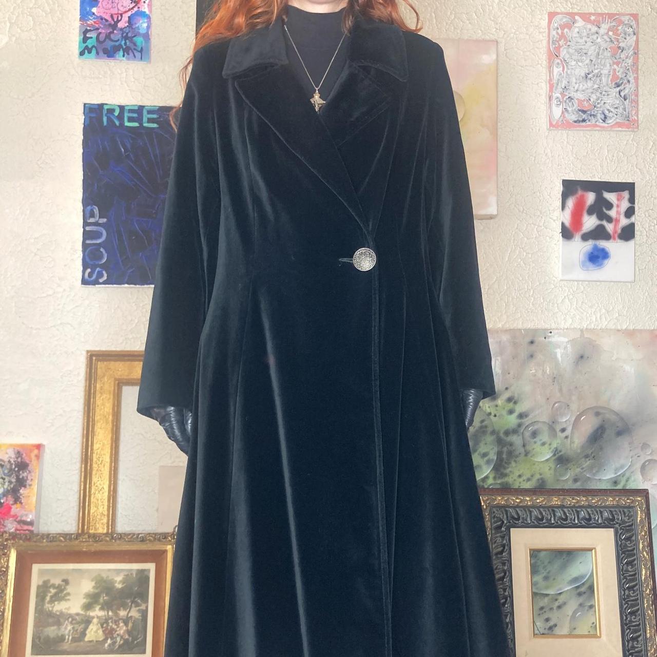 vintage long black velvet coat with an old fashioned... Depop