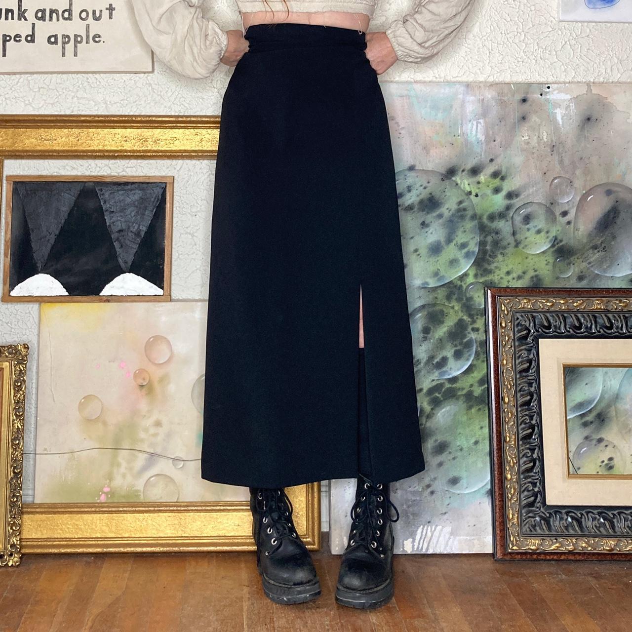 vintage 90s black skirt with a long minimal design... - Depop