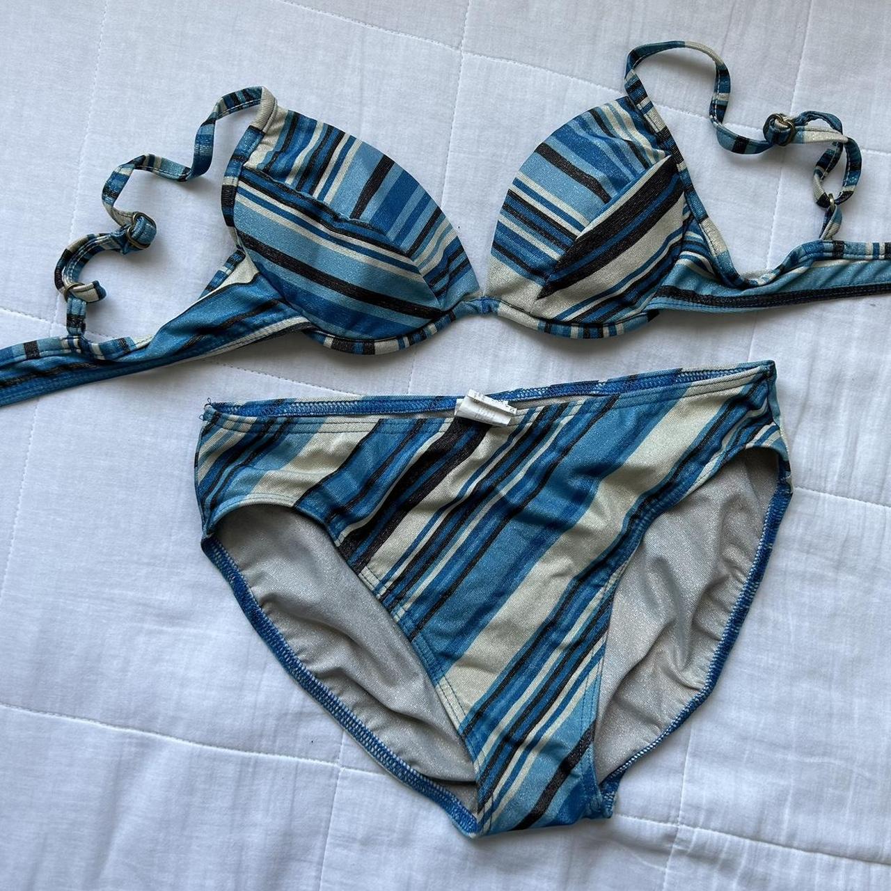 American Vintage Women's Blue and White Bikinisandtankinisets Depop