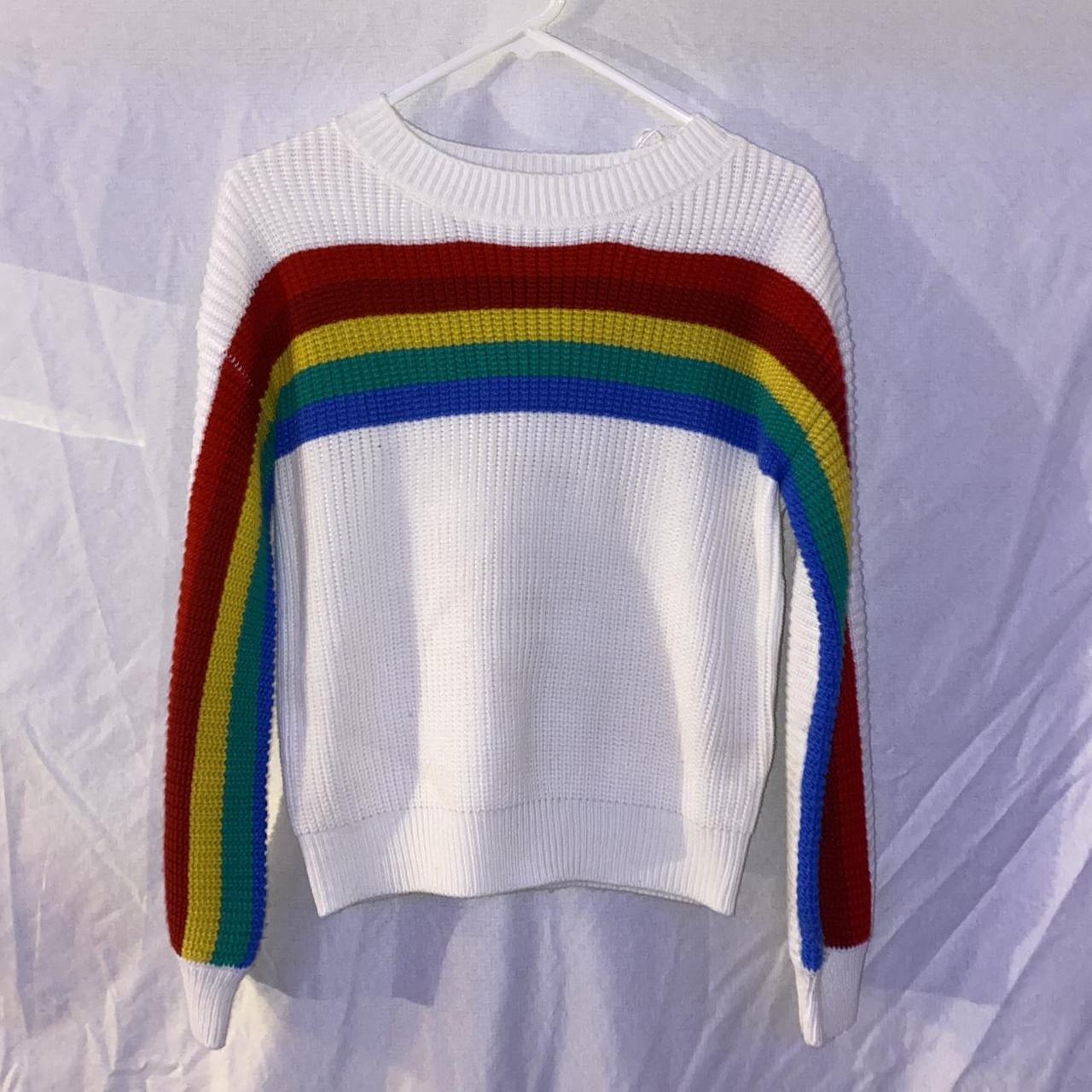 ivy rose white & rainbow sweater! perfect for pride,... - Depop