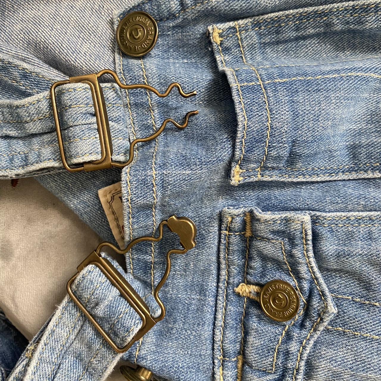 blue true religion overall shorts (one strap is... - Depop