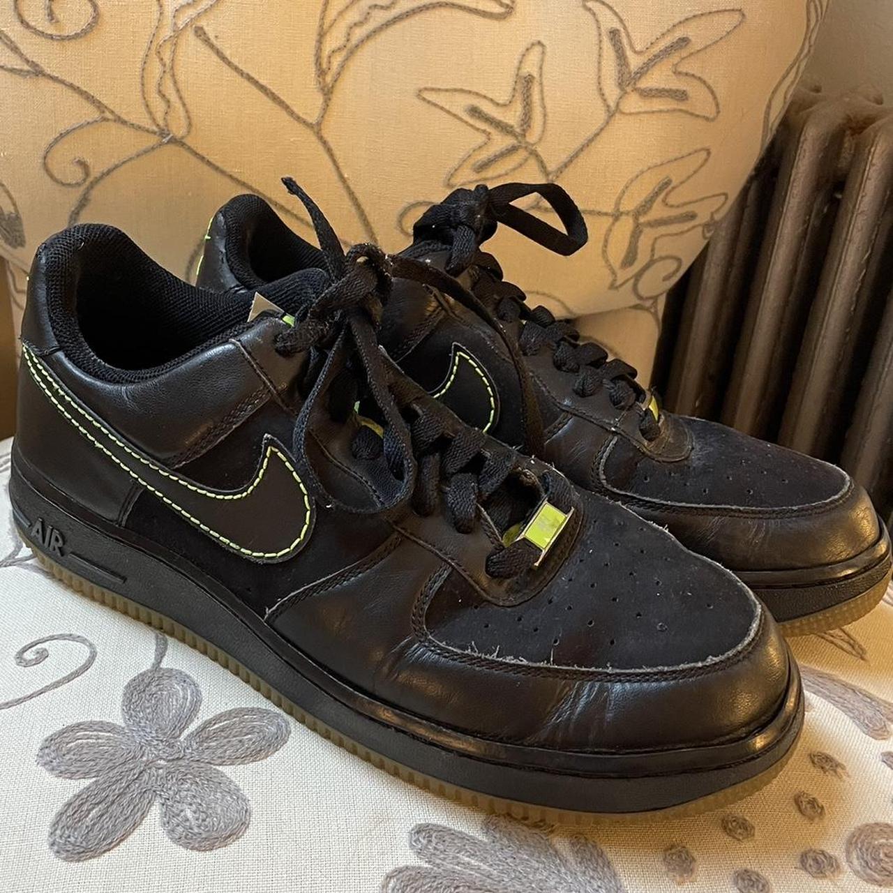 all black Nike Air Force 1 s with neon lime green. Depop