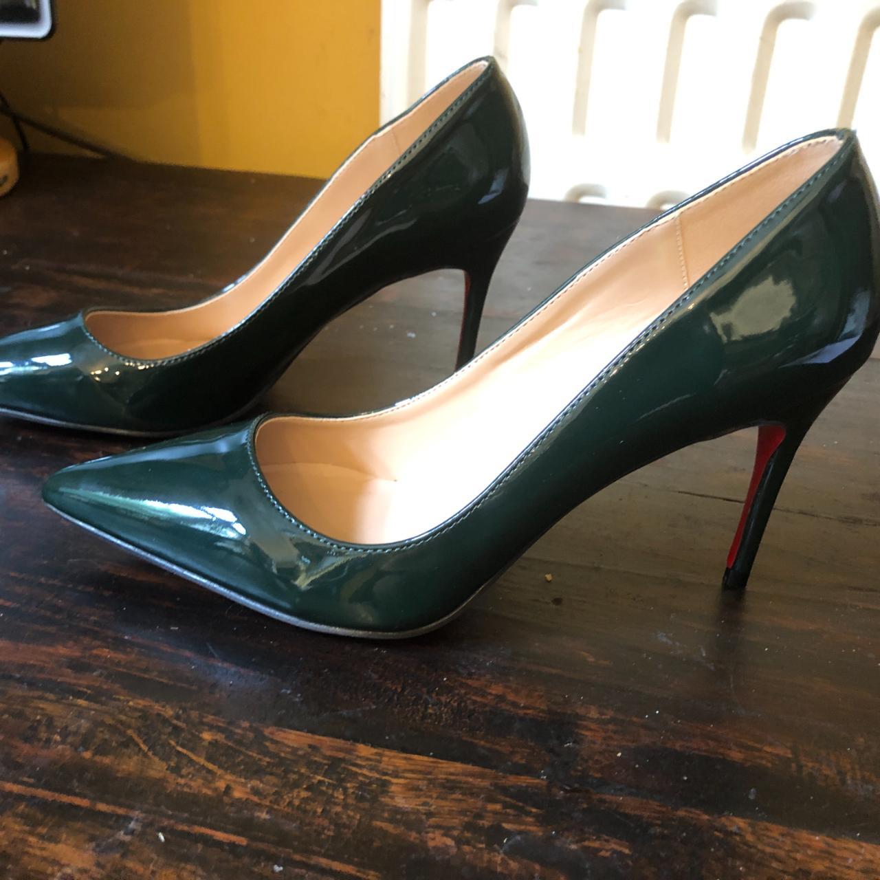 Designer Green patent uppers, red soled shoes in... - Depop