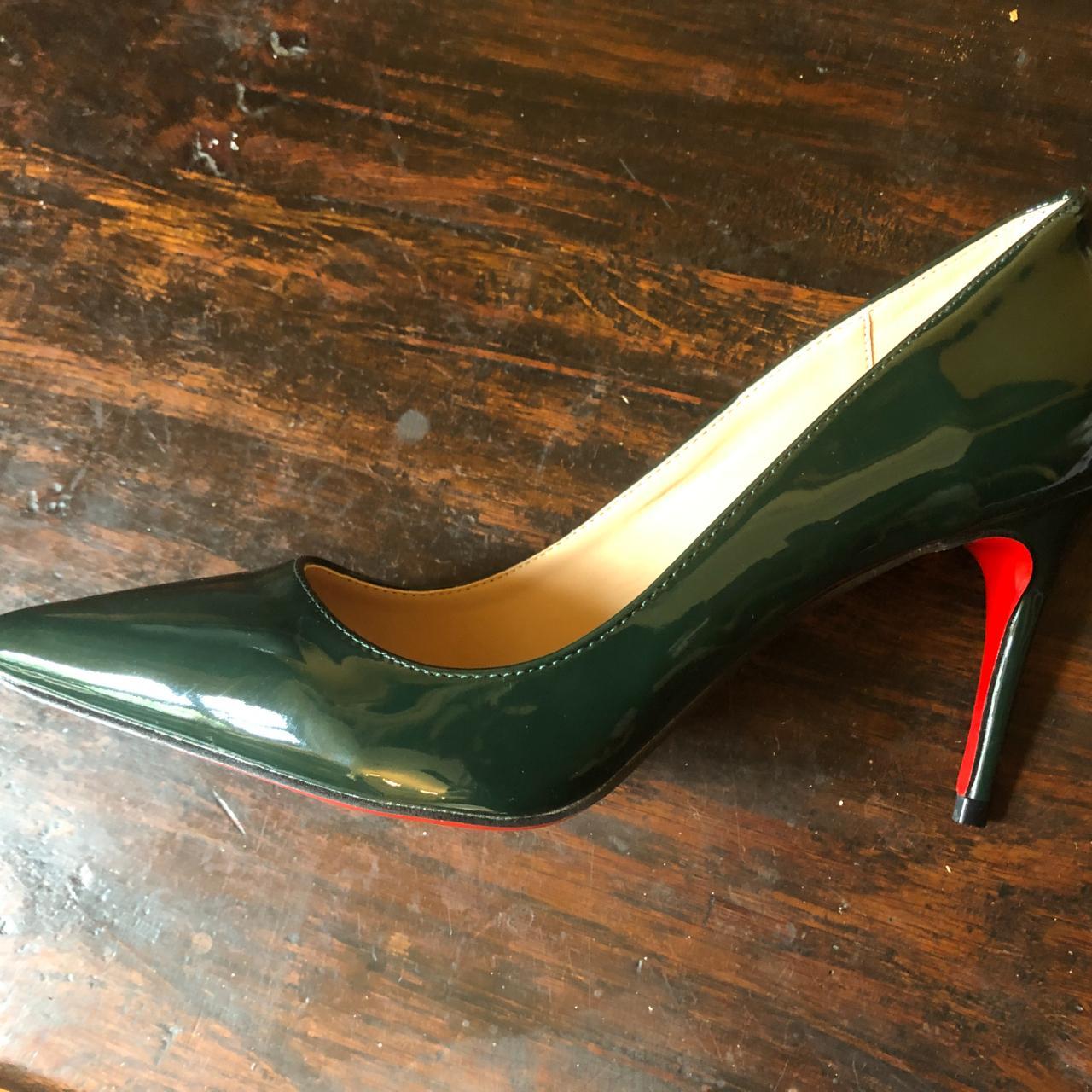 Designer Green patent uppers, red soled shoes in... - Depop