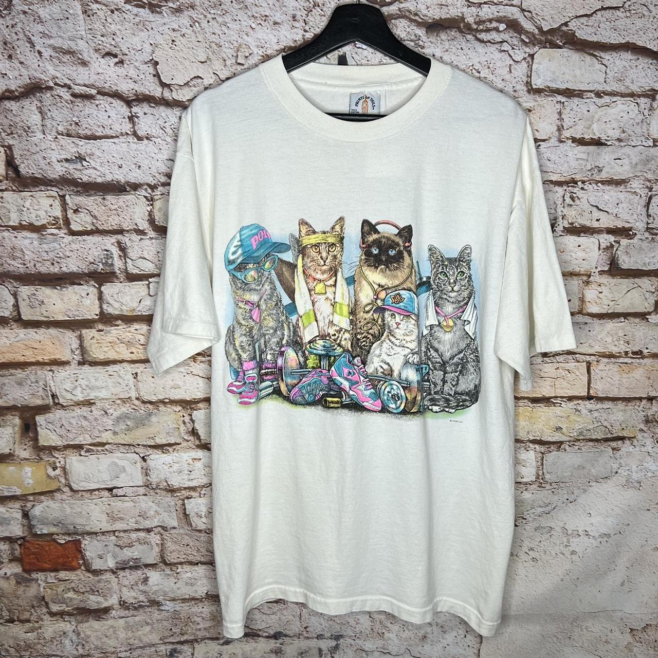 Vintage Work Out Fitness Cats T Shirt 90s Size: XL... - Depop