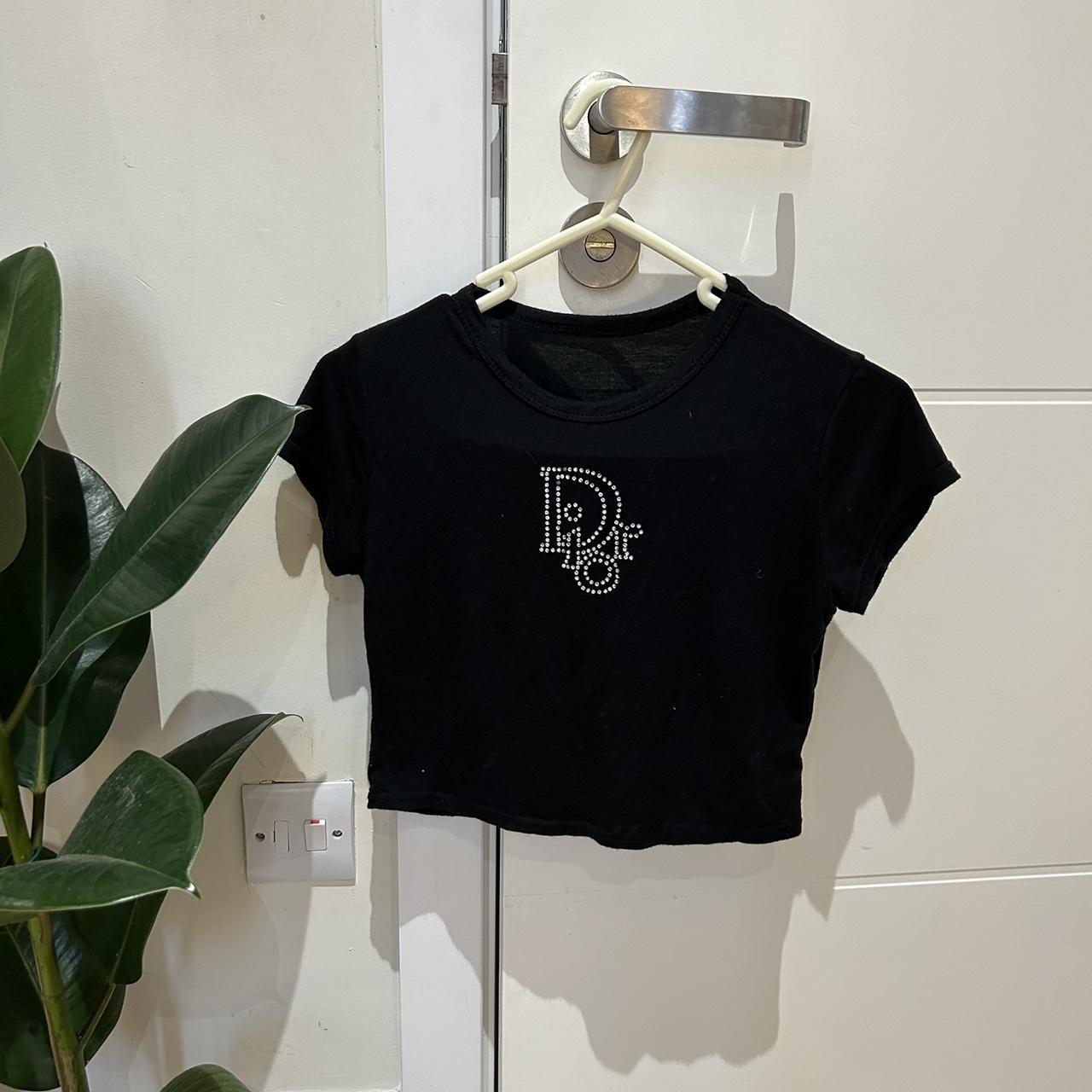 Diamanté black cropped top Jersey material Super... - Depop