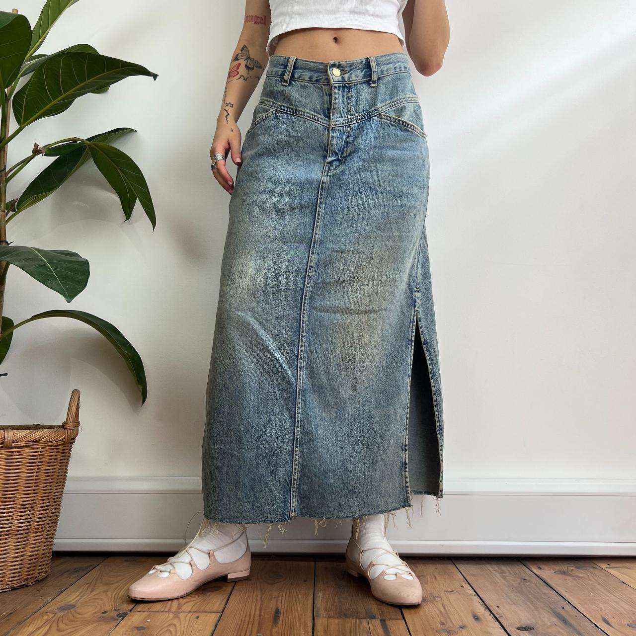 90s soft denim maxi skirt with side... - Depop