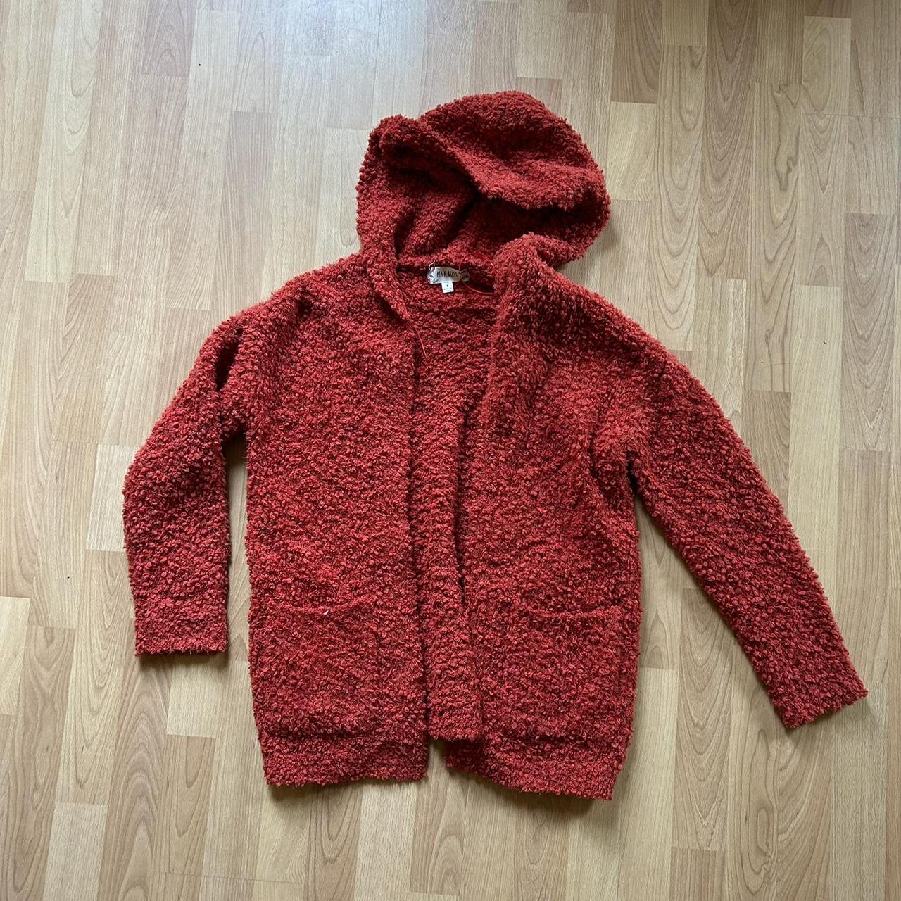 Red fuzzy pile cardigan ️says size small but has an... - Depop