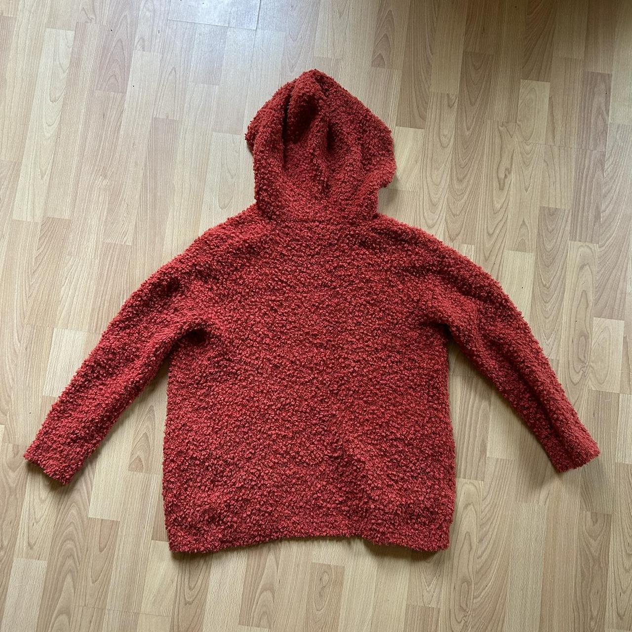 Red fuzzy pile cardigan ️says size small but has an... - Depop