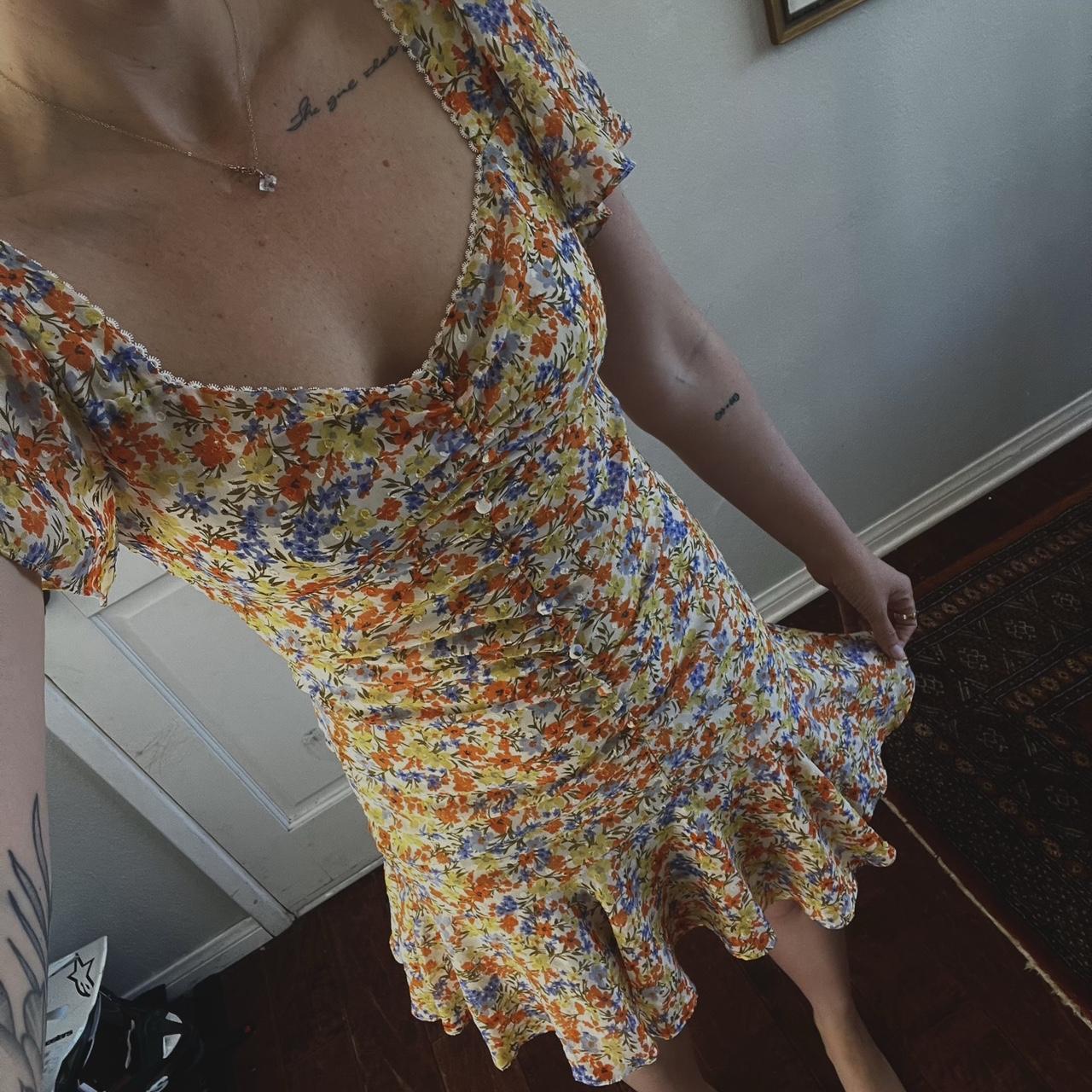 ASTR floral mini dress, blue, orange, and yellow... Depop
