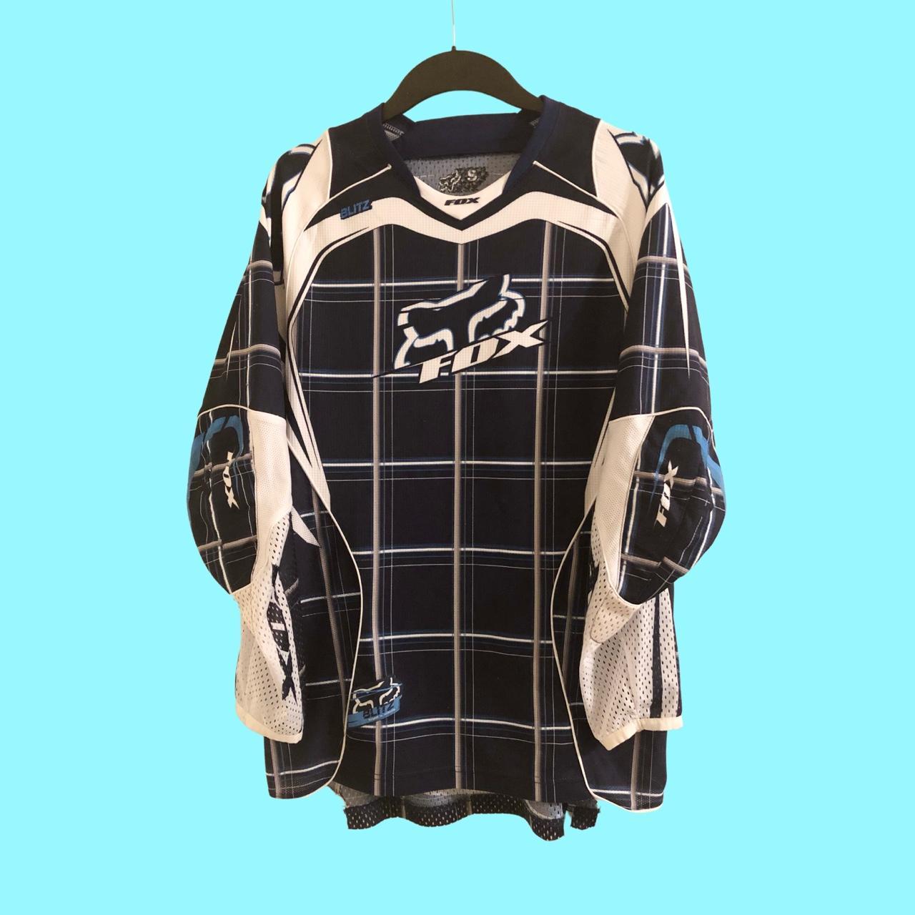 Fox Racing Blitz Motorcross BMX Blue and White Shirt... - Depop