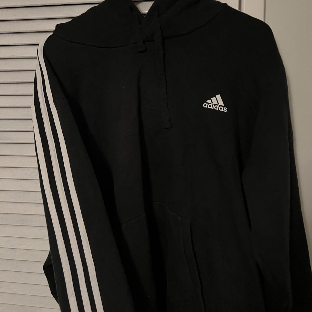 Vintage Black Adidas Hoodie 🏁 White stripes down... - Depop