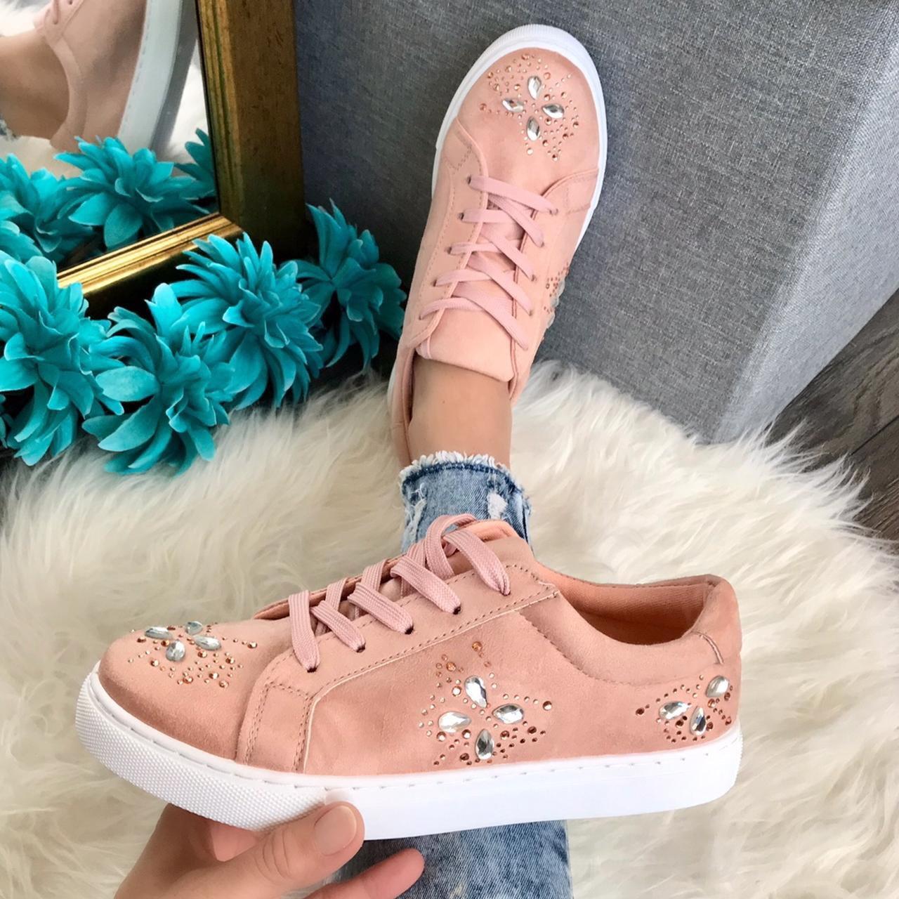 Gorgeous dusky pink faux suede trainers embellished. Depop